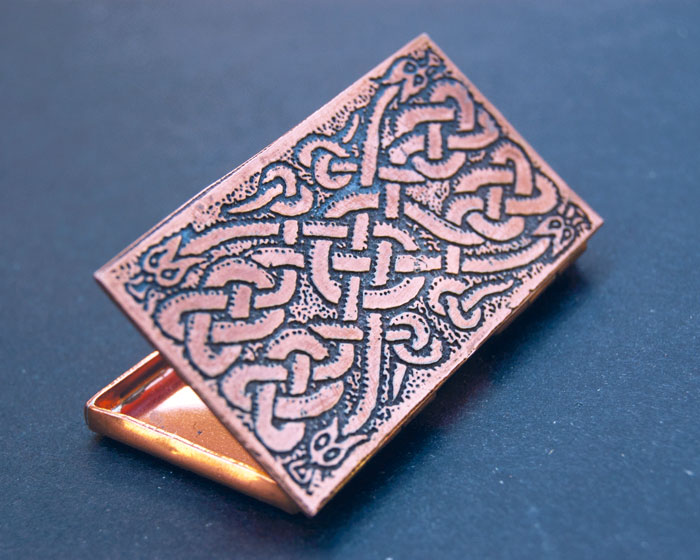 Celtic knot pattern etched copper and patina